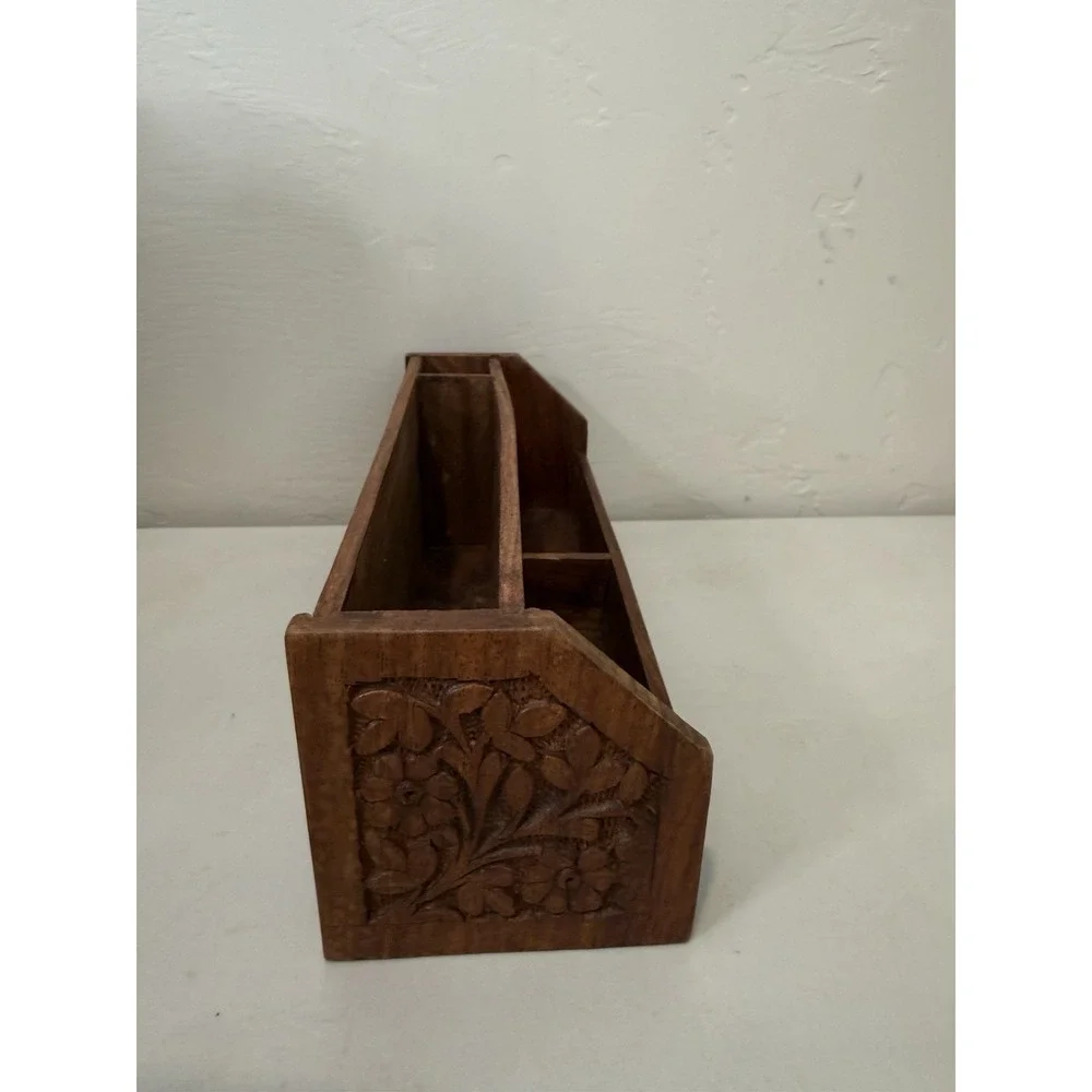 Vintage Wood Desk Organizer Brass Inlay Letter Holder Mail Sorter Paper Caddy